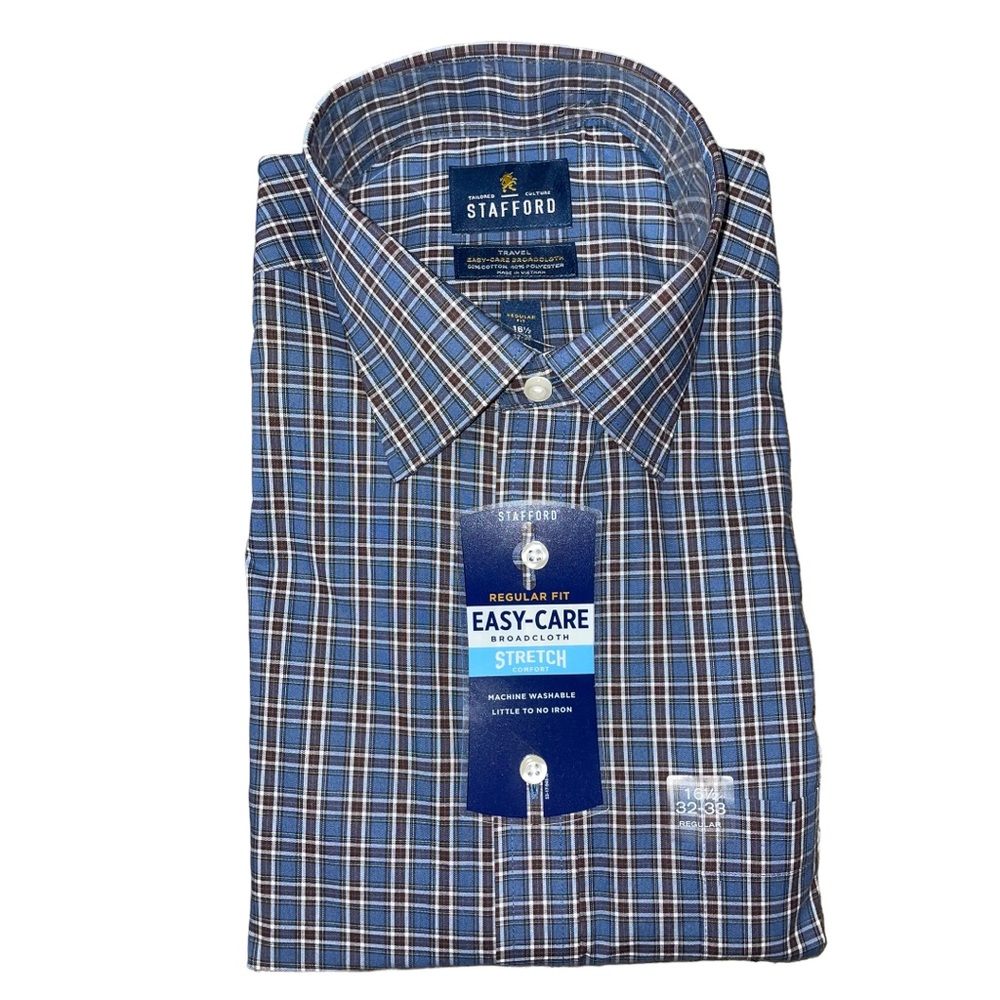Stafford Travel Regular Fit  Brown Indigo Plaid Dress Shirt 16.5 32/33 NEW